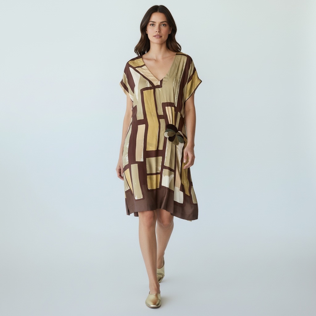 Max Azria Runway Yellow, Brown And Cream Silk Sundress